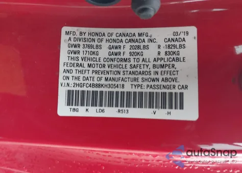 2019 Honda Civic Sport z USA, uszkodzony, nr VIN 2HGFC4B88KH305418